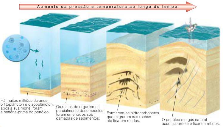 Observe a ilustração a seguir: Há muitos milhões de anos, o fitoplâncton e o zooplâncton, após a sua morte, foram a matériaprima do petróleo.