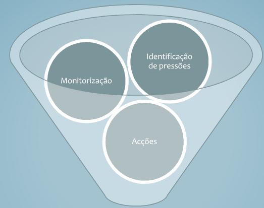 Identificação de pressões Monitorização Acções Melhoria do estado das massas de água A gestão integrada e sustentável do EFMA implica a continuação e o desenvolvimento de trabalhos de diversa índole,