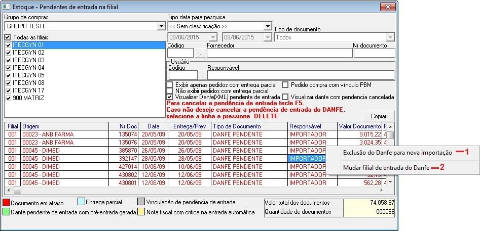 Figura 4 - Tela Pendentes de Entrada na Filial -