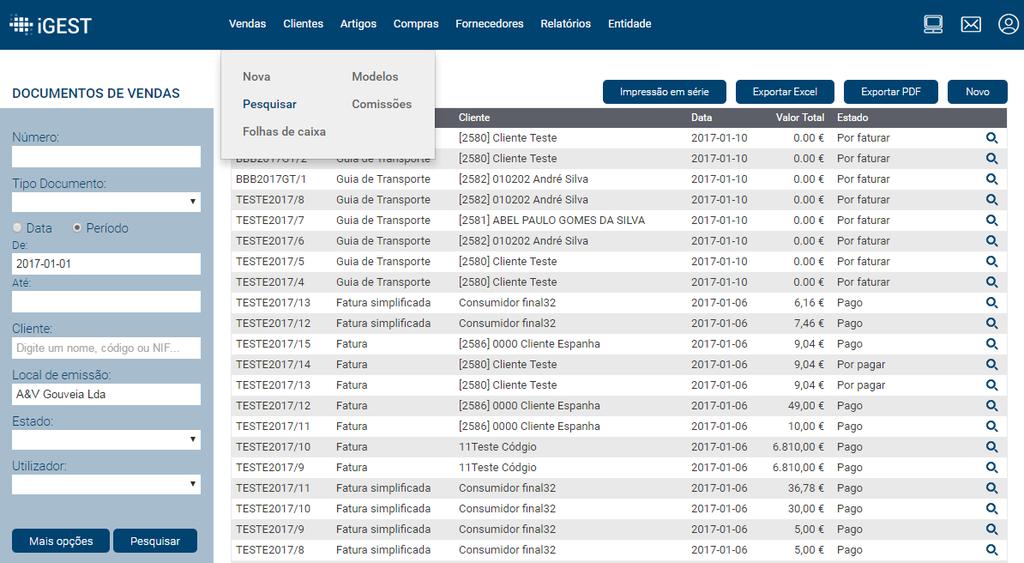 3. Anular documento e enviar à AT Aceda ao menu Vendas, clique em Pesquisar e