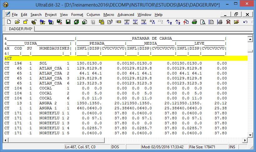 4.1 - Bloco CT: configuração das UTEs nos subsistemas IDENTIFICAÇÃO CT COD Sub NOMEDAUSI ES INFL DISP CVU código da usina termelétrica subsistema em que ela será considerada no DECOMP nome