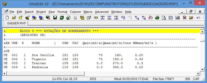 4.1 Blocos UE: configuração das usinas de bombeamento IDENTIFICAÇÃO UNE S Nome USM USJ Qmin m³/s Qmax m³/s Cons Mwmed/m³/s UE código da estação de bombeamento subsistema em que ela será considerada