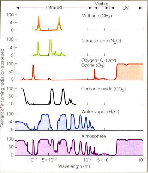 Porcentagem de absorção da energia radiante IV Metano Vis Óxido Nitroso Absorção de Energia Radiante pelos Componentes Atmosféricos em Diferentes