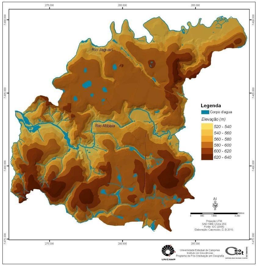 Figura 2. Modelo Digital de Elevação do Município de Paulínia. 2.2. Córrego do Jacarezinho Entende-se por nascente o afloramento do lençol freático, que vai dar origem a uma fonte de água de acúmulo (represa), ou cursos d água (regatos, ribeirões e rios).