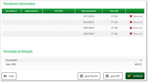 Todos os recebíveis adicionados aparecerão listados em uma tabela de Recebíveis Adicionados, seguido por um resumo com o