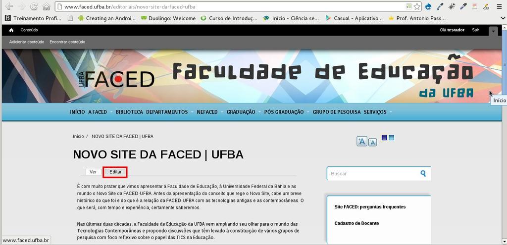 Imagem 5 - Página Novo site da FACED Ao carregar a página clique na aba Editar.