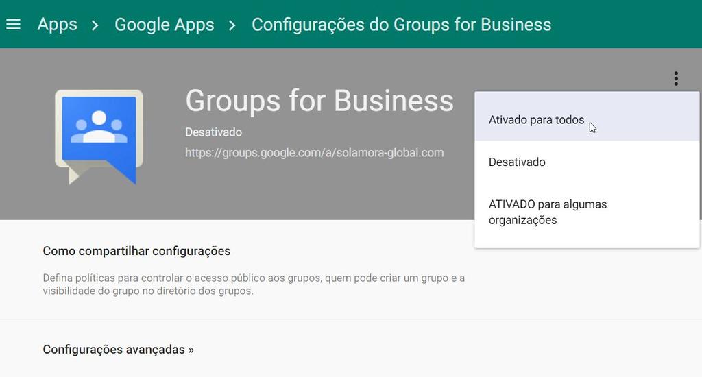 3. Adicionar usuários externos 4. Caixas de entrada colaborativas 5. Treinar sua equipe Ativar o Google Groups for Business O Google Groups for Business é ativado por padrão.