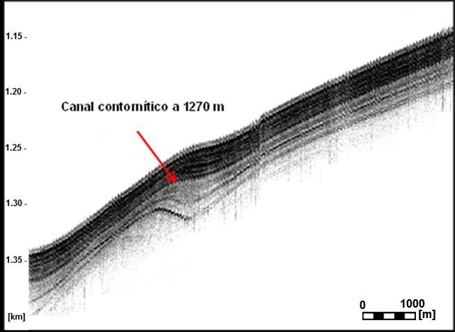 Entre as isóbatas de 1200 metros a 1350 metros de profundidade observa-se a presença de canais e depósitos contorníticos no talude.