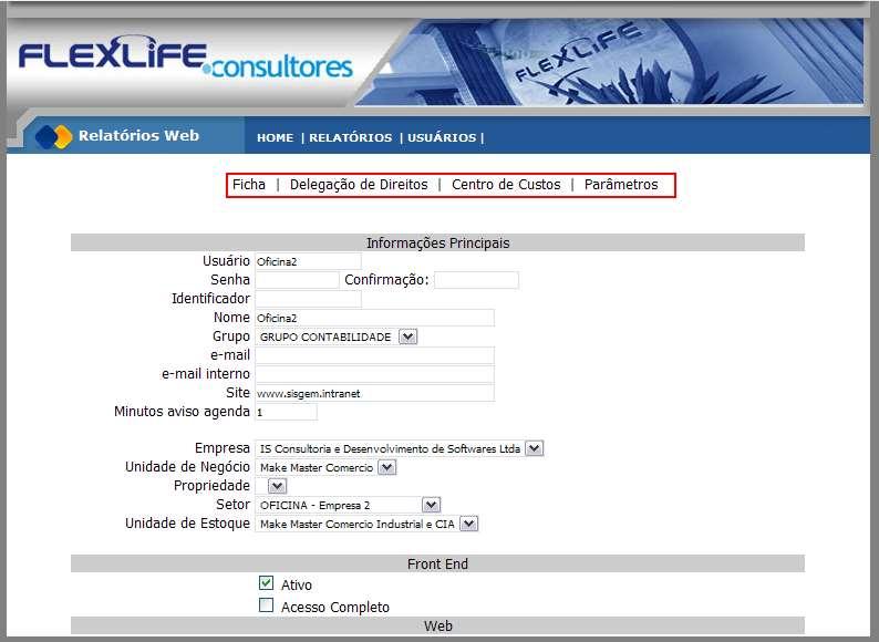 Ao voltar ao topo note que será apresentado 4 links: [Ficha], [Delegação de Direitos], [Centro de Custos] e