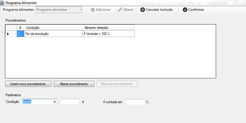 Caso o usuário deseje incluir uma restrição de 80% dos 22 aos 42 dias de idade e manter um consumo a vontade na fase inicial o usuário deve: 1) Selecionar a condição idade e digitar 21; 2) Na caixa