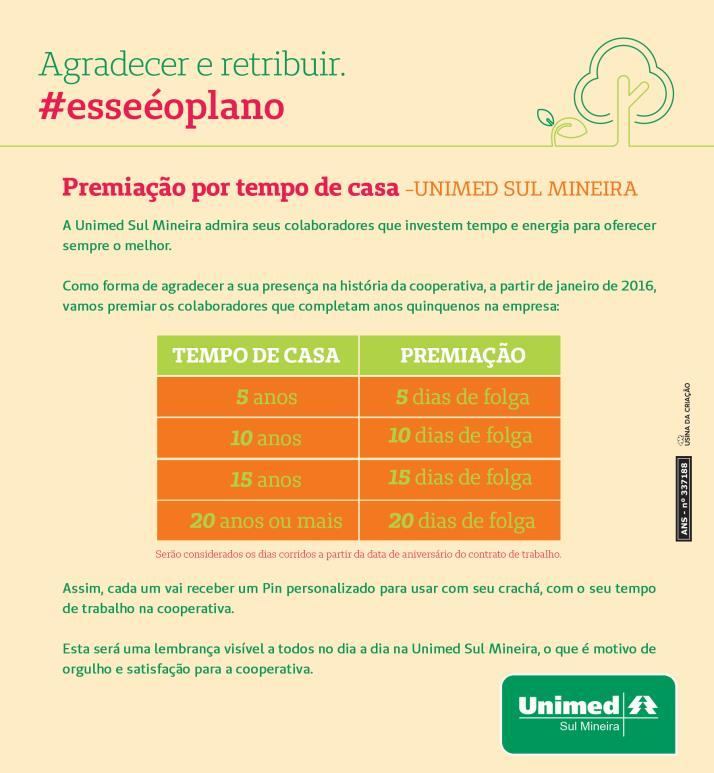 Descrição: Quem completou ou vier a completar 05 anos de casa, ganhará 05 dias de folga; 10 anos, 10 dias de folga; 15 anos, 15 dias de folga.