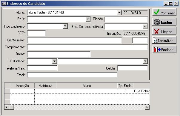 5.5. CADASTRO E ALTERAÇÃO DE ENDEREÇO O cadastro e a alteração de endereço do aluno devem ser registrados, clicando no botão Endereço e inserindo as informações na janela que se abrirá, conforme abaixo.