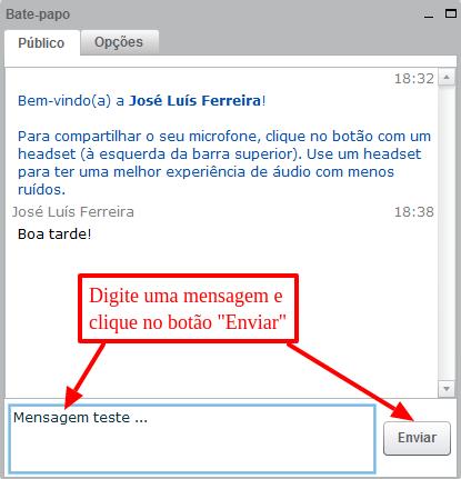 18 Blocos (seções) da sala de conferência web Bate-papo: Neste bloco você pode digitar e enviar mensagens para os