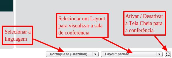 20 Barra de menus da sala de conferência web Menu Inferior: Na barra de menu inferior, você tem acesso aos controles: Controle para selecionar a linguagem padrão que afeta os menus, barra de títulos