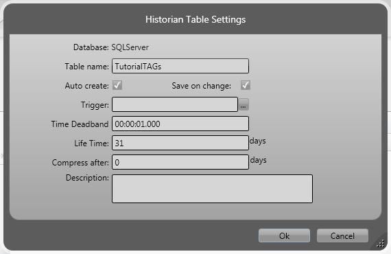 Figura 5-9. Configurando dados para Historian No Historian, note que o Historian Database será o SQLServer. Nesta mesma tela, deve-se criar a tabela para adionar os tags. Clique no botão New.