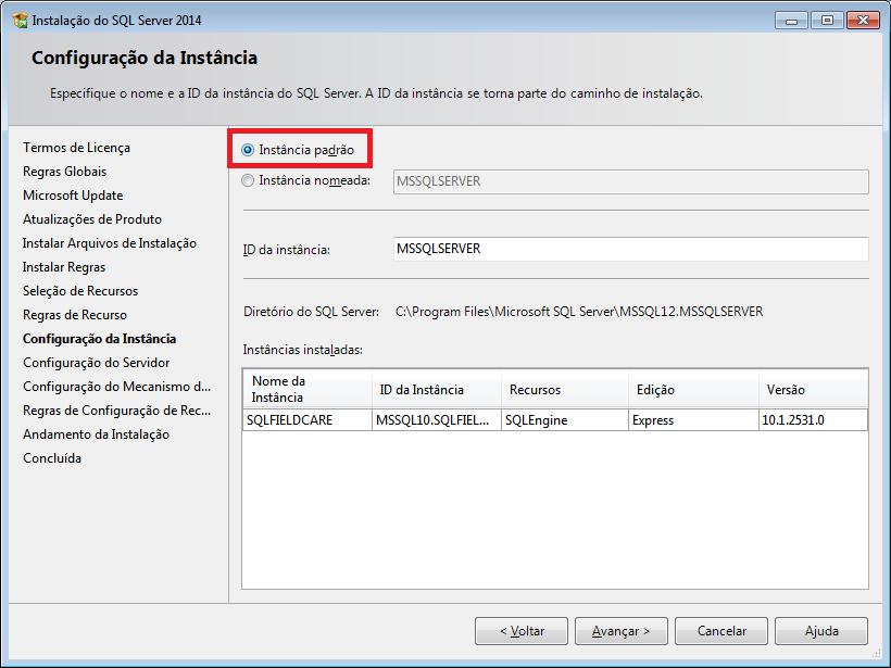 Figura 4-2. Configuração da Instância Para facilitar o acesso ao banco de dados, quando chegar nesta etapa da instalação, selecionar a opção Instância Padrão e prosseguir com a instalação.