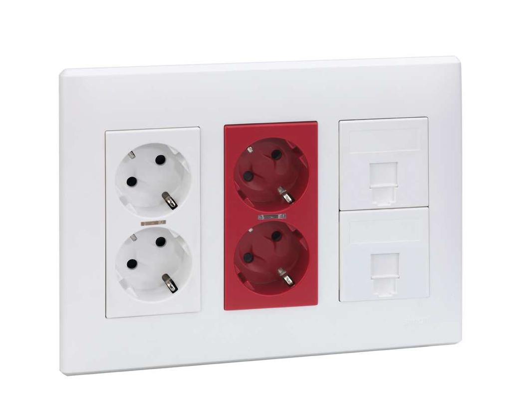 Exemplo de configuração FORMATO KIT Quant Referência Descrição 1 51000308-030 Kit de parede com una tomada elétrica dupla schuko, 1 tomada elétrica dupla schuko vermelha e 2 placas de