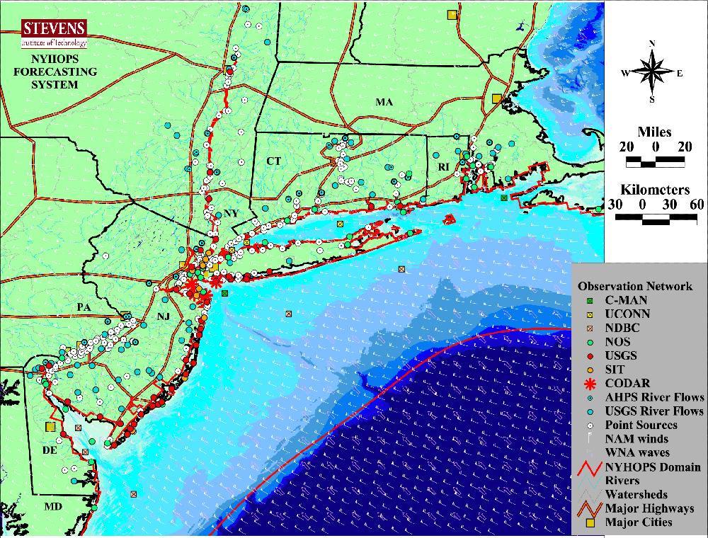 operated in tandem with 2 Rutgers University CODAR systems to provide broad-area measurement of surface currents and waves Commuter ferry-basedconductivity and temperature sensors 6 anemometers