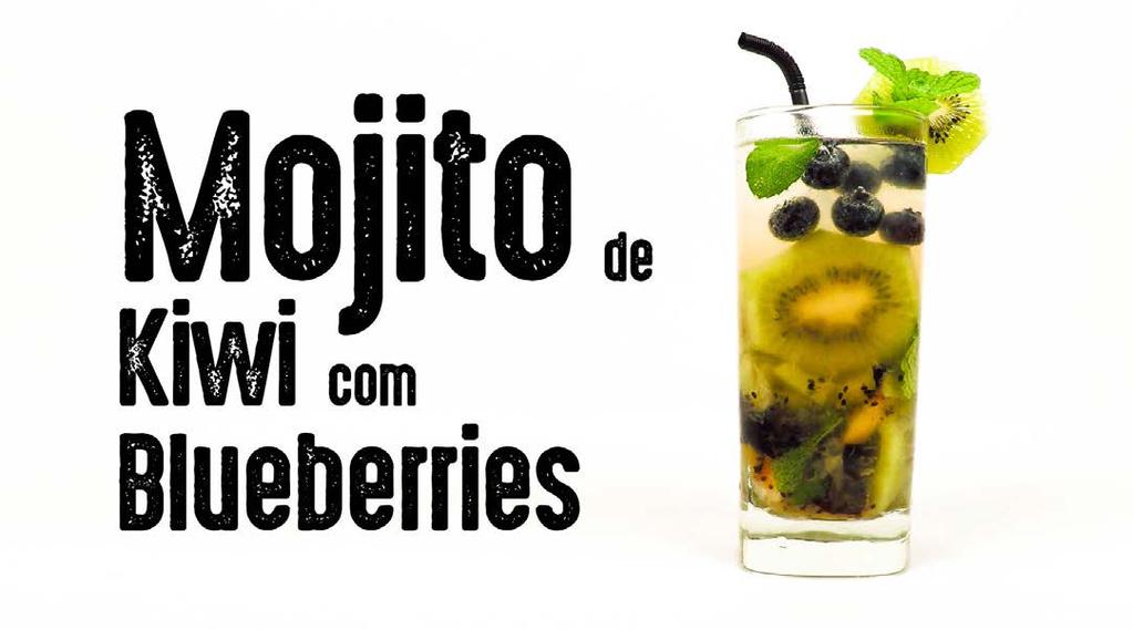 Em um copo alto: Meio kiwi sem casca em fatias 20 blueberries 10 folhas de hortelã 1 colher de sopa de açúcar Meio limão espremido Macerar