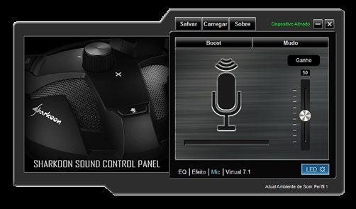 I Microfone Dentro do menu Mic, você pode ajustar a sensibilidade do microfone até 100. A função Boost amplifica o sinal. Clique em Mudo para mutar o microfone.