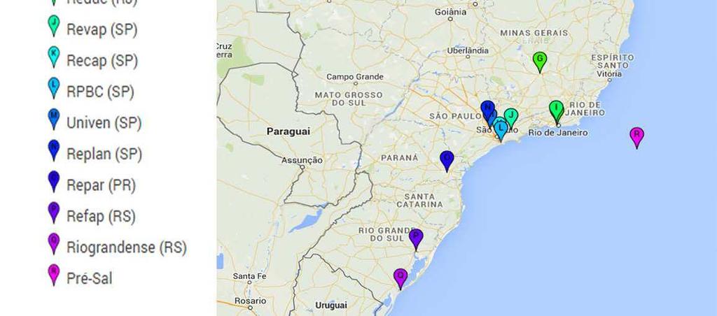 sudeste, maior consumidora de derivados de petróleo. Três refinarias na região sul, sendo duas no estado gaúcho.