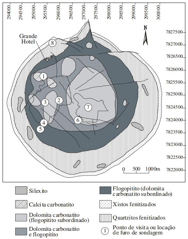 Geologia CAC Araxá Está encaixado em quartzitos e xistos pré-existentes do Grupo Ibiá (Grupo Araxá) Apresenta forma circular com cerca de 5Km de diâmetro Apresenta auréola de