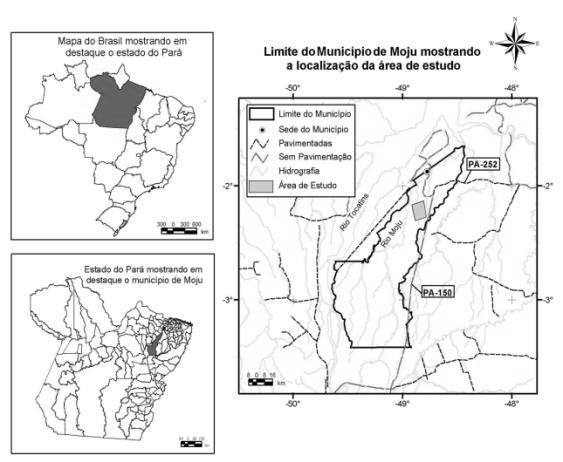 (A) (B) (C) Figura 1- Localização da área de estudo, destacando o Estado do Pará (A), o município de Moju (B) e a Estação Experimental da Embrapa (C).