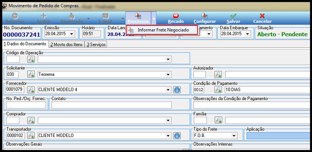 Figura 24 Processo para Frete Negociado.