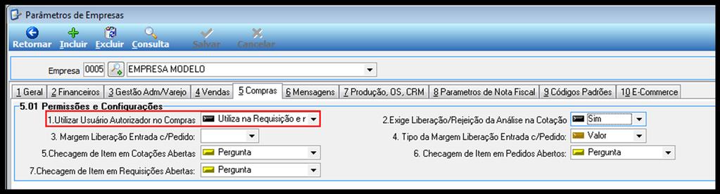 2.5 LIMITE E AUTORIZAÇÃO DE COMPRAS Primeiramente a empresa deve utilizar a autorização para Pedidos de Compra, esta indicação é uma das configurações do Compras nos Parâmetros da Empresa, Figura 28.