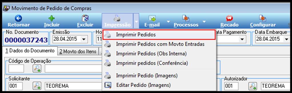 Figura 49 Menu Impressão Pedidos. A Figura 50 apresenta o relatório de Pedido de Compra gerado para o pedido exemplificado. Figura 50 Relatório Pedido de Compras. Figura 51.