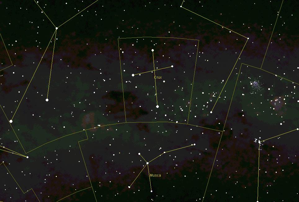 Constelações Beta Crucis Mimosa (m = 1,25) Gama Crucis Gacrux (m = 1,56) Delta Crucis (m = 2,78) Epsilon Crucis (m = 3,56) NGC3532 Aglomerado Aberto Beta Centauri Hadar (m = 0,59)