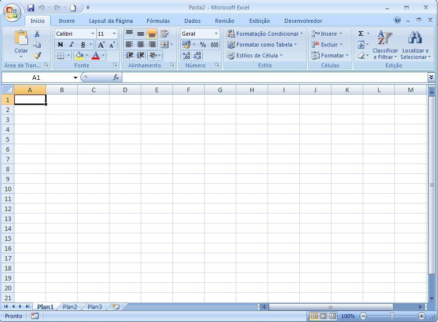 O ambiente de trabalho do Excel Um documento no Excel chama-se pasta; cada pasta pode ter uma ou mais planilhas.