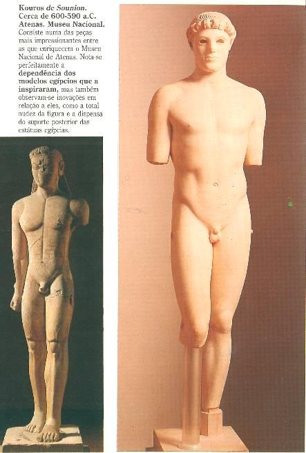 Inicialmente Kouros (homem jovem) influenciada pela escultura egípcia imobilidade e rigidez. Mármore colorido.