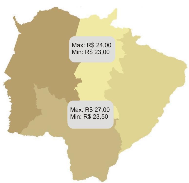 MILHO NORTE Os preços pagos aos Produtores Rurais na região Norte do Estado variaram entre a mínima de R$ 23, entre os dias 13 e 2/5 no município de Chapadão do Sul e máxima de R$ 24,, observada