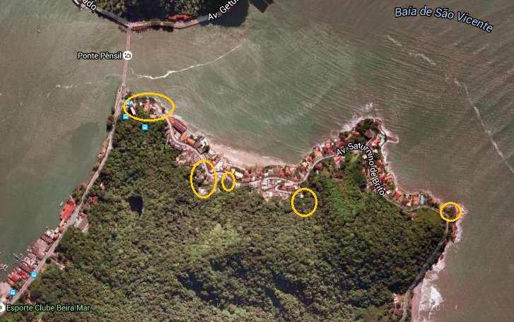 Figura 02: Parque Prainha, com as localizações das áreas onde estão sendo feitas as obras de contenção e drenagem Figura 03: Ilha Porchat, com as localizações das áreas onde estão sendo feitas as