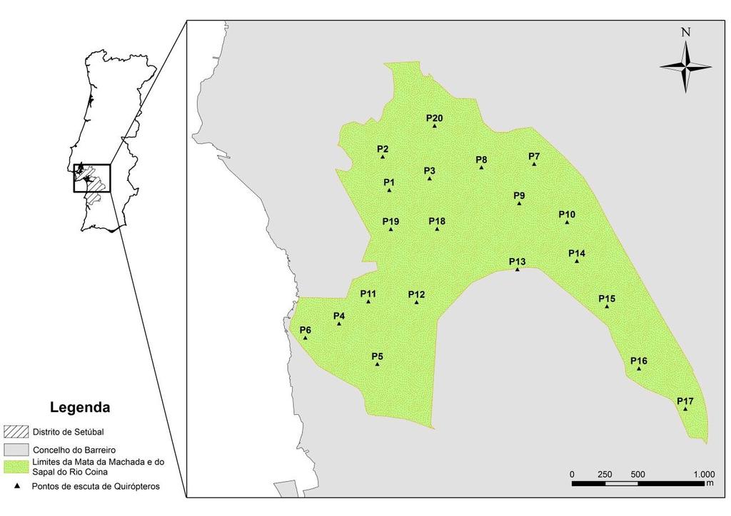 Figura 1 - Enquadramento geográfico da área de estudo e localização dos vários pontos de escuta realizados na amostragem de quirópteros.