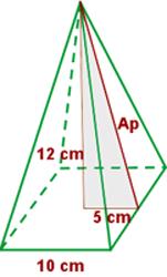 Pirâmides Exercícios 1) Calcule a área lateral, total e o volume de una pirâmide quadrangular de 10 cm de aresta e 12 cm de altura.