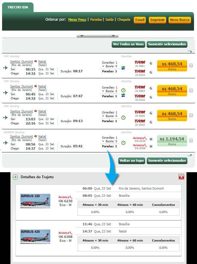 Para selecionar um voo, clique sobre o valor da tarifa.