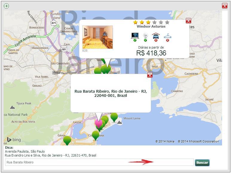 7.2.1 Perquisar por proximidade Ao clicar em Mapa, um mapa será aberto contemplando a cidade escolhida na busca, com os hotéis retornados e suas posições geográficas.