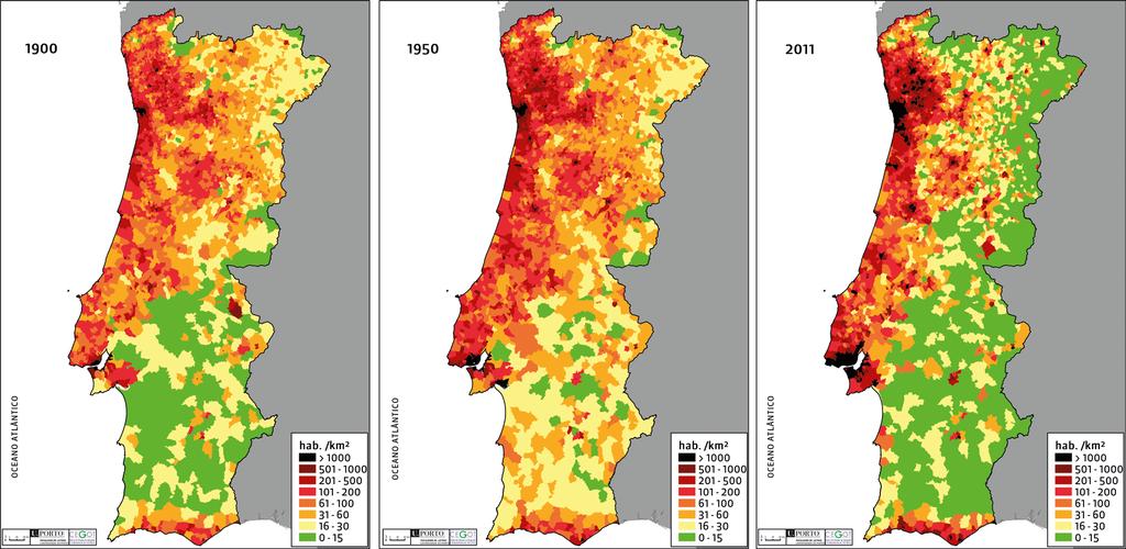 Dinâmicas demográficas regressivas Densidade populacional por freguesia (1900, 1950 e 2011) Apesar da dinâmica regressiva, a região Centro