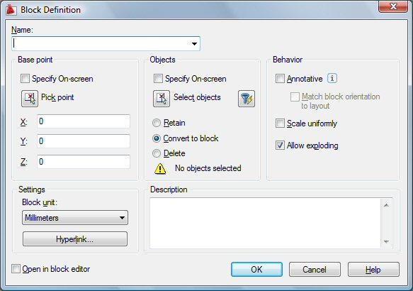 Definição e utilização de blocos! Comando Block Este comando permite a criação de blocos a partir de uma parte ou da totalidade de um desenho existente.