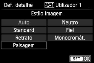 Também pode ajustar os parâmetros de um Estilo Imagem que tenha sido gravado na câmara com o EOS Utility (software fornecido, p.364). 1 2 3 Carregue no botão <XA>. Selecione [Utilizador*].