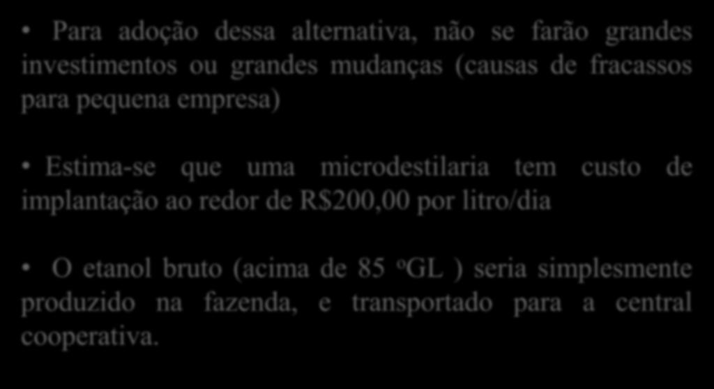 Para adoção dessa alternativa, não se farão grandes investimentos ou grandes mudanças (causas de fracassos para pequena empresa) Estima-se que uma microdestilaria tem