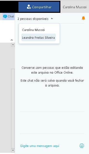 Edição realizada pelo usuário inserido no compartilhamento. 5. Outra funcionalidade permitida pelo Office Online é a possibilidade de conversar com os participantes através do chat do Skype.