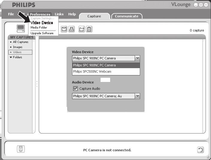 Utilização da WebCam VLounge É possível ter acesso a todas as aplicações através da aplicação Philips V(ideo)-Lounge.VLounge é a aplicação central para fácil acesso à sua Philips WebCam.