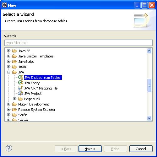 4 1. Selecione o nó de projeto no Project Explorer, vá em File, New, Other. Na janela do assistente New, selecione JPA Entities from Tables na pasta JPA, como mostrado na Figura 1. Clique em Next.