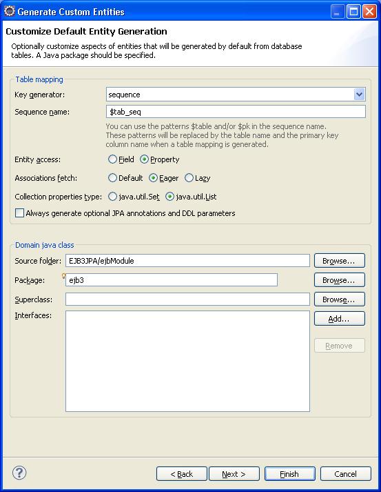 7 $table passa a ter o nome da tabela. Especifique o Entity access como Property, e Associations fetch como Eager.