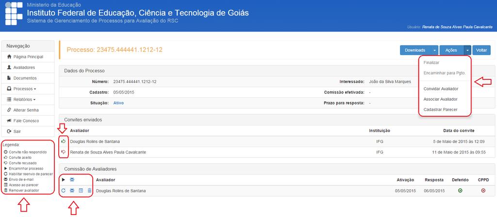 Figura 12 Tela de visualização de Processos No canto superior direito aparecem os botões: Downloads, Ações e Voltar.