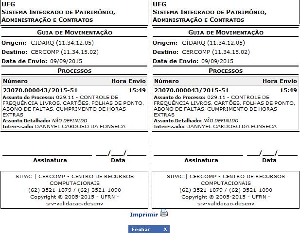 A página Para imprimir a guia de movimentação no modo