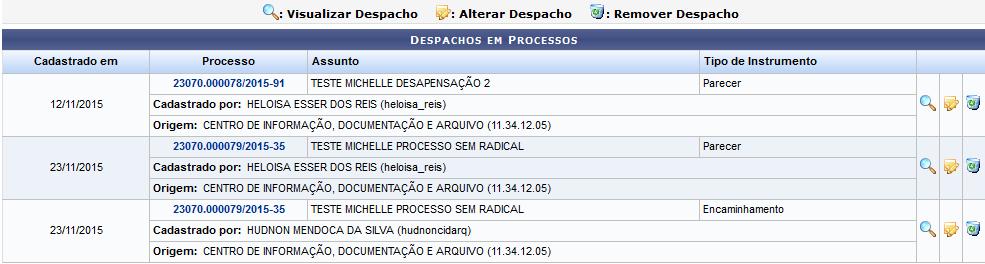 ALTERAR/ REMOVER DESPACHO Esta funcionalidade permite visualizar, alterar e/ou remover, conforme desejado, despachos eletrônicos realizados em processos cadastrados no sistema.